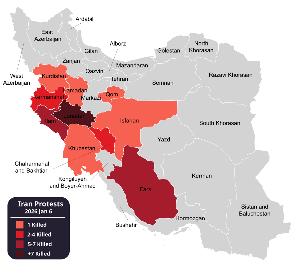 Protests in Iran Continue- By UnrivaledIr - Own work, derivate of File:Iran provinces.svg by User:Oganesson007., CC BY-SA 4.0, https://commons.wikimedia.org/w/index.php?curid=181177072